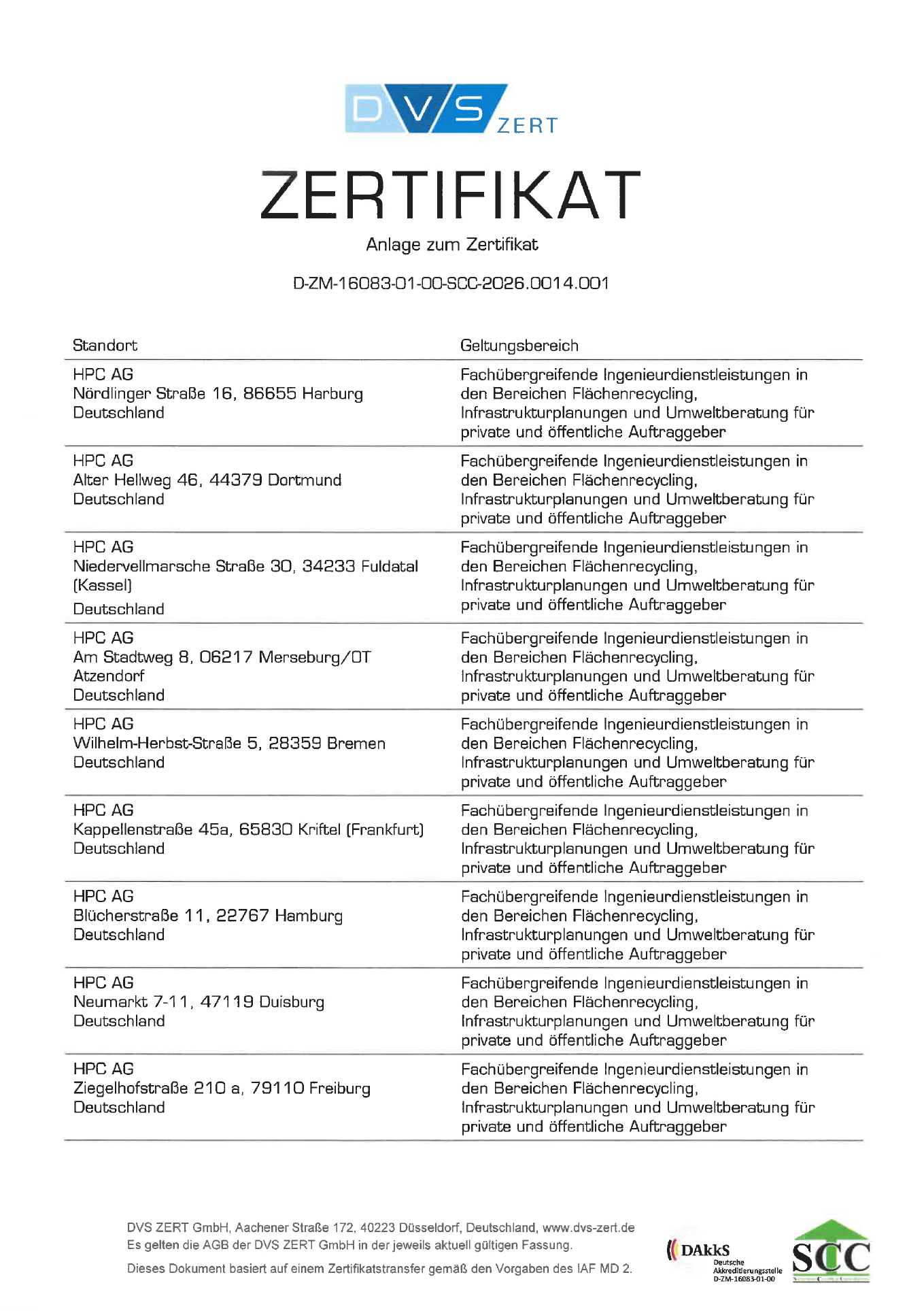 Zertifikat DE09/54535 für die HPC AG.